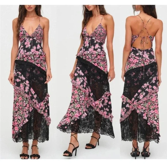 For Love & Lemons Rosalyn Maxi Dress Floral Lace Open Tie Back Black Pink Small - Picture 2 of 12